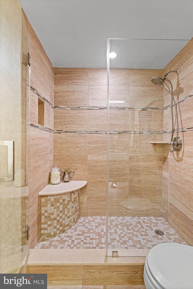 bathroom featuring toilet and a stall shower