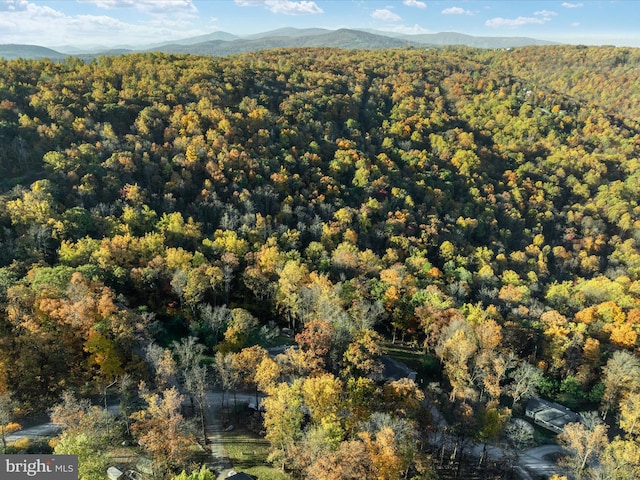 birds eye view of property featuring a mountain view and a view of trees