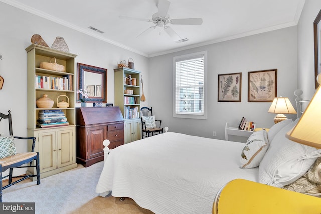 bedroom featuring light carpet, visible vents, and crown molding