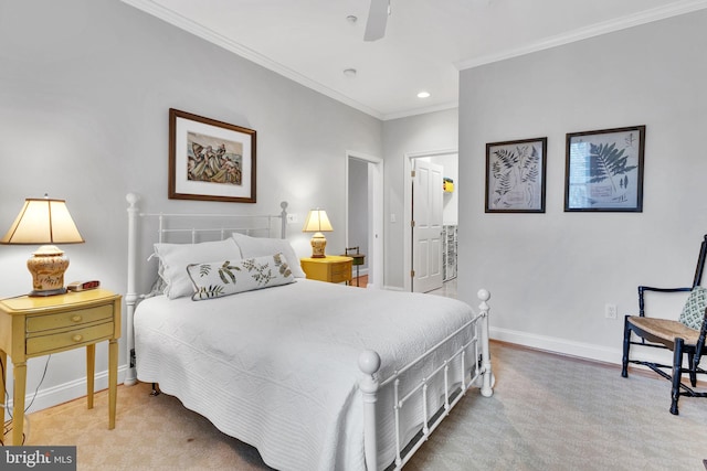 carpeted bedroom with ceiling fan, baseboards, crown molding, and recessed lighting