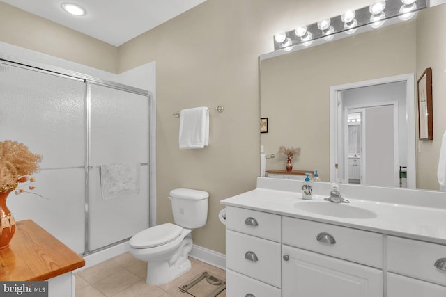 full bath with vanity, a shower stall, toilet, and tile patterned floors