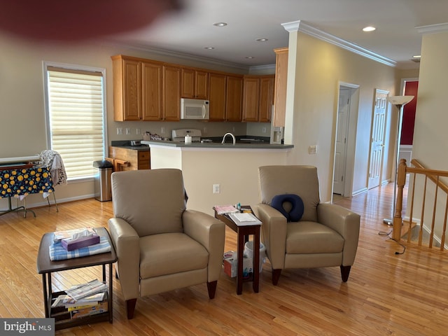 kitchen with stove, white microwave, light wood-style floors, and baseboards