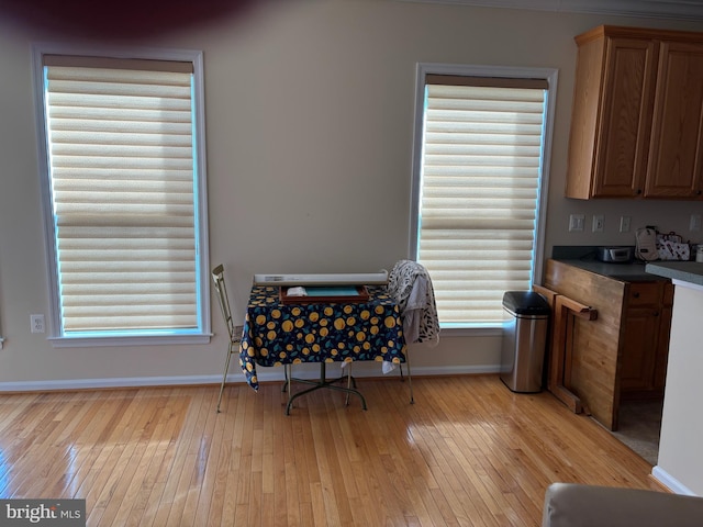 interior space featuring light wood finished floors and baseboards