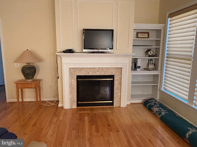 living room featuring wood finished floors, a fireplace, and baseboards