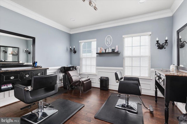 office featuring ornamental molding, a wainscoted wall, and dark wood finished floors