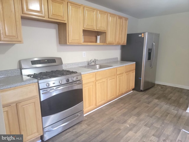 kitchen featuring appliances with stainless steel finishes, dark wood-style flooring, light brown cabinets, and a sink