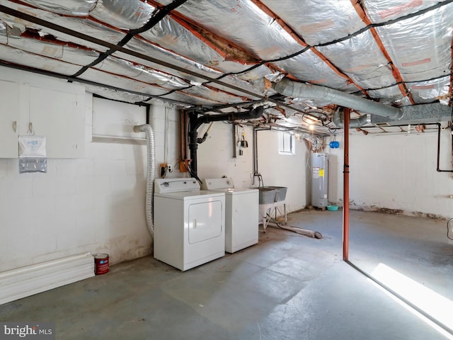 basement with washer and clothes dryer and electric water heater