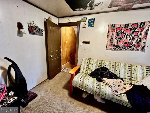 bedroom with carpet floors and wooden walls