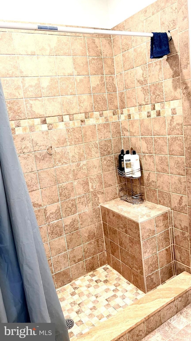 full bath featuring tiled shower and a wood stove