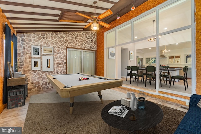 game room featuring light wood-style floors, billiards, visible vents, and beam ceiling