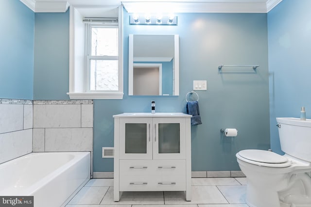 full bath featuring toilet, visible vents, a bath, tile patterned floors, and crown molding