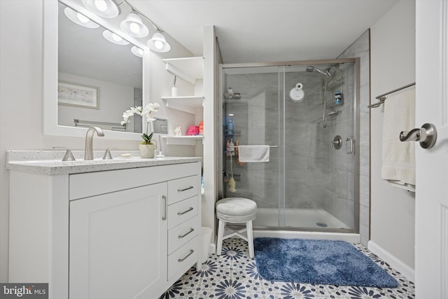 bathroom with a shower stall and vanity