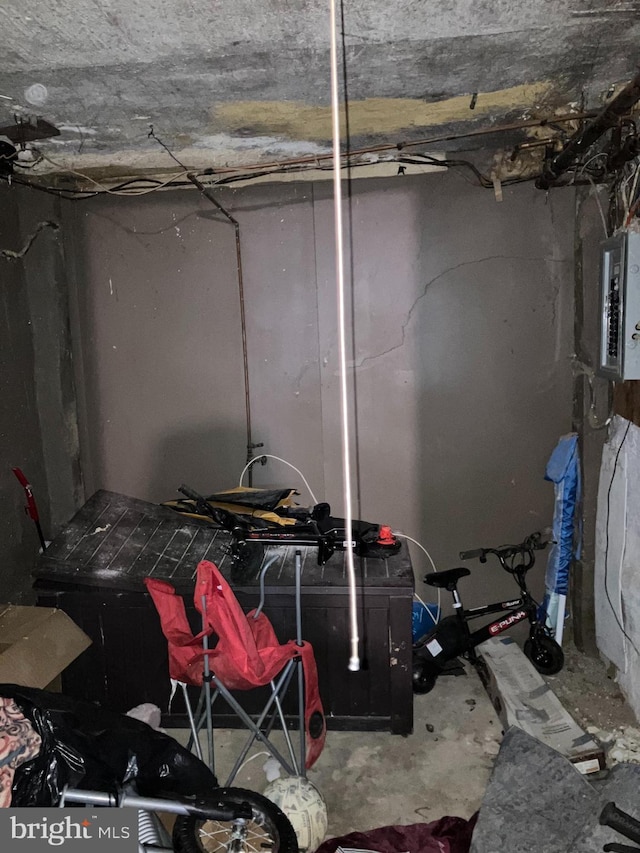 unfinished basement featuring electric panel