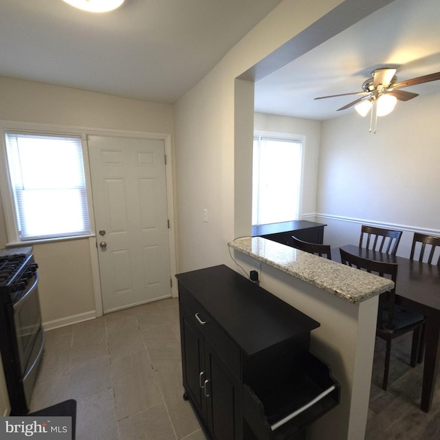 kitchen with range with gas stovetop, dark cabinetry, plenty of natural light, and light stone counters