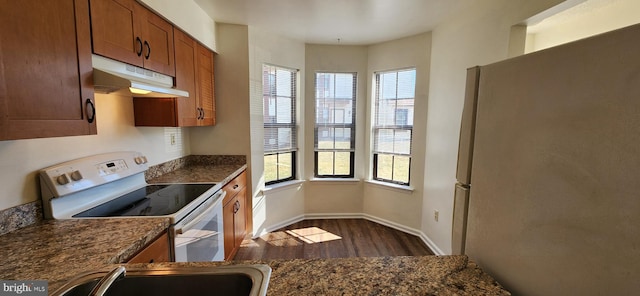 kitchen with under cabinet range hood, white electric range, freestanding refrigerator, brown cabinetry, and plenty of natural light