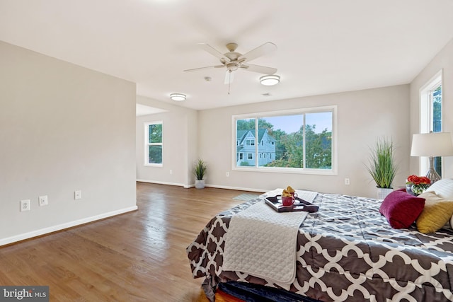 bedroom featuring a ceiling fan, multiple windows, baseboards, and wood finished floors