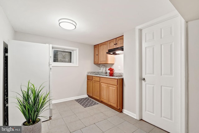 kitchen with light countertops, under cabinet range hood, a sink, and baseboards