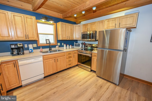 kitchen featuring wood ceiling, appliances with stainless steel finishes, a sink, light countertops, and beam ceiling