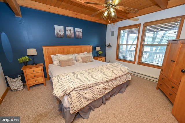 bedroom featuring baseboards, light colored carpet, wooden ceiling, a baseboard radiator, and beamed ceiling