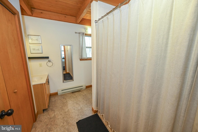 full bathroom featuring baseboards, wooden ceiling, beamed ceiling, vanity, and a baseboard heating unit