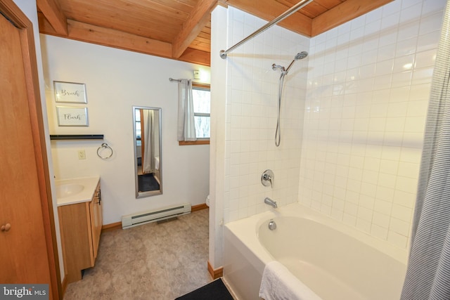 bathroom featuring beam ceiling, a baseboard radiator, vanity, and wood ceiling