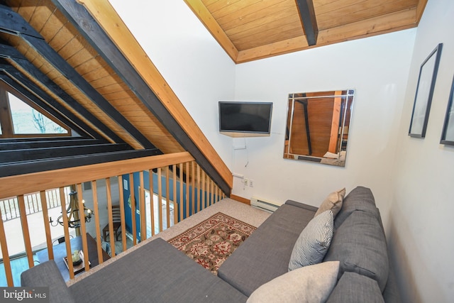 living area with vaulted ceiling with beams, wooden ceiling, baseboards, and baseboard heating