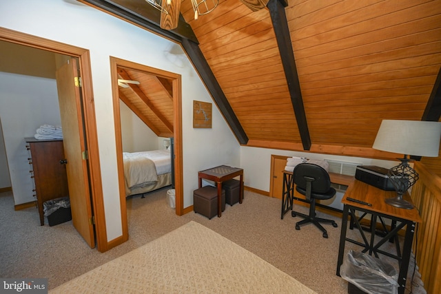 office area featuring visible vents, lofted ceiling with beams, light carpet, wooden ceiling, and baseboards