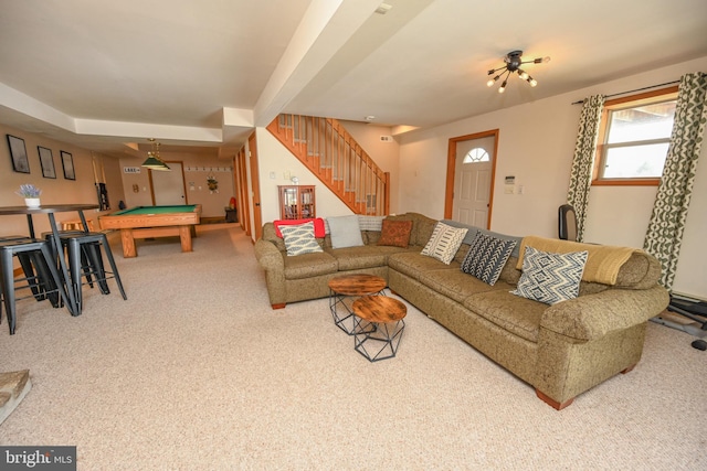 living room featuring carpet floors, billiards, and stairway