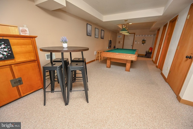 recreation room with baseboards, pool table, visible vents, and light colored carpet