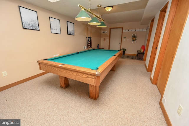 game room featuring light carpet, pool table, and baseboards