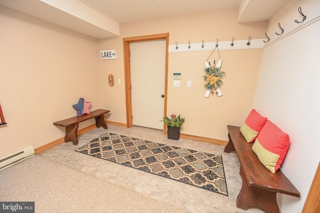 mudroom featuring a baseboard radiator and baseboards