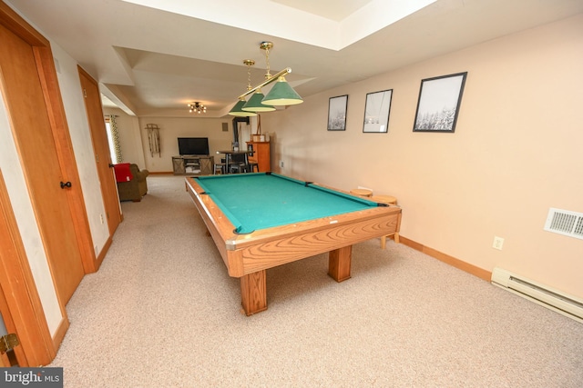 playroom with pool table, visible vents, baseboards, and light colored carpet