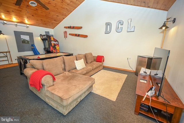 living area with ceiling fan, visible vents, wood ceiling, vaulted ceiling, and baseboards