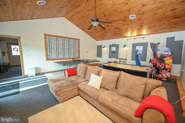 living area featuring carpet floors, wooden ceiling, visible vents, and baseboards