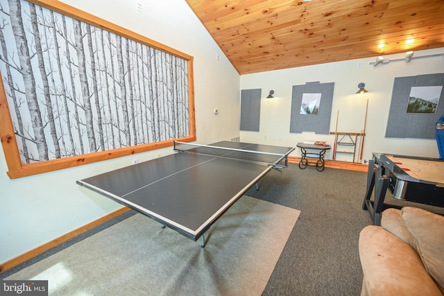 playroom featuring vaulted ceiling, wood ceiling, and baseboards