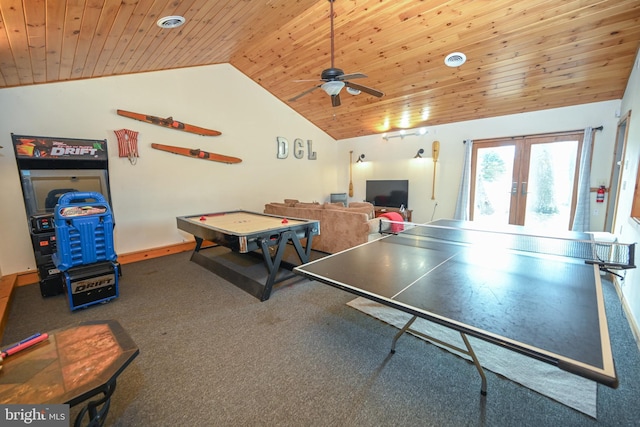 game room with carpet floors, wood ceiling, baseboards, vaulted ceiling, and french doors