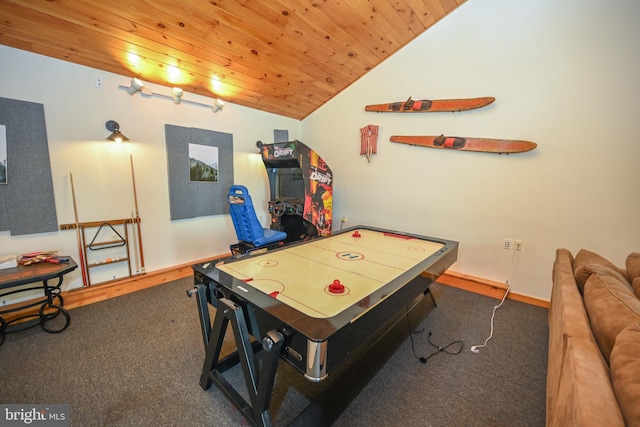 game room with dark colored carpet, wood ceiling, vaulted ceiling, and baseboards