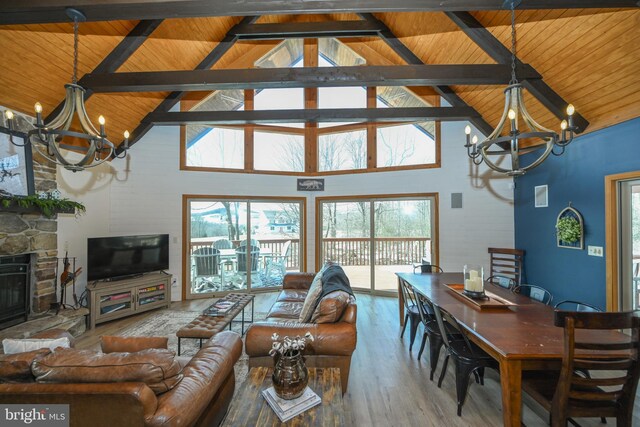 living area featuring wooden ceiling, an inviting chandelier, wood finished floors, and a stone fireplace