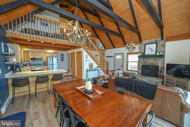 dining space with wooden ceiling, light wood-style floors, a baseboard radiator, and a notable chandelier