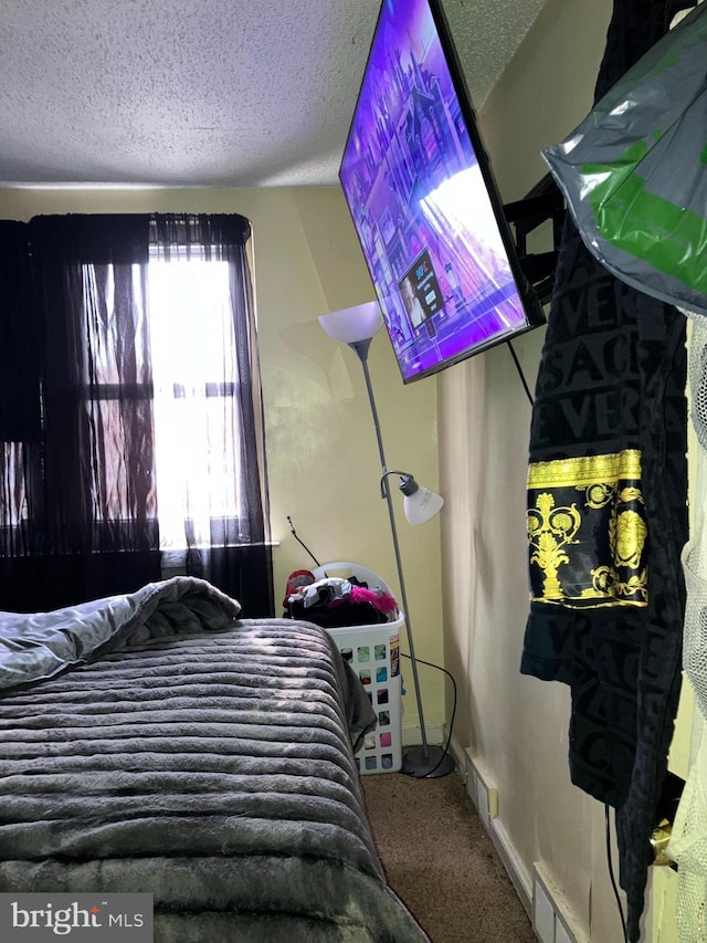 bedroom with carpet and a textured ceiling