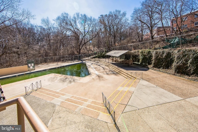 view of swimming pool with a fenced in pool, fence, and a patio