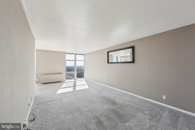 unfurnished room with baseboards, floor to ceiling windows, and carpet flooring