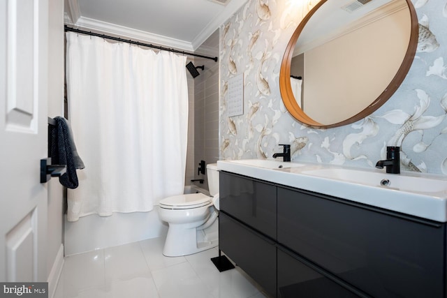 full bathroom with crown molding, double vanity, a sink, and wallpapered walls