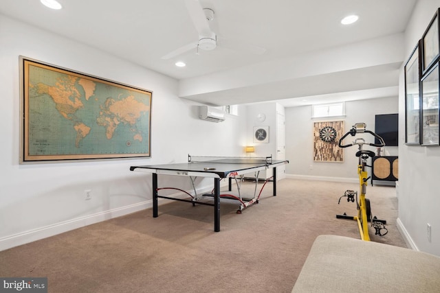 game room with a wall unit AC, baseboards, carpet flooring, and recessed lighting