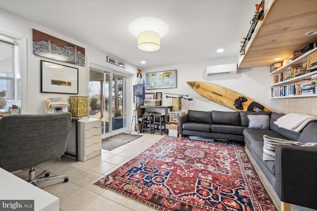 tiled living room with a wall mounted air conditioner and recessed lighting