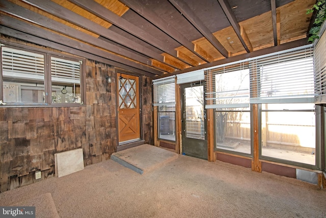 interior space with wood walls and carpet flooring