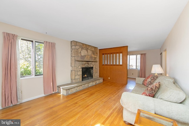 living area featuring a fireplace and wood finished floors