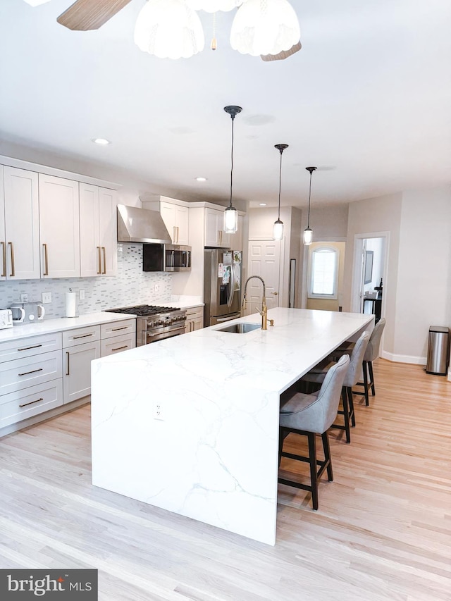 kitchen featuring a spacious island, a sink, stainless steel appliances, wall chimney range hood, and backsplash