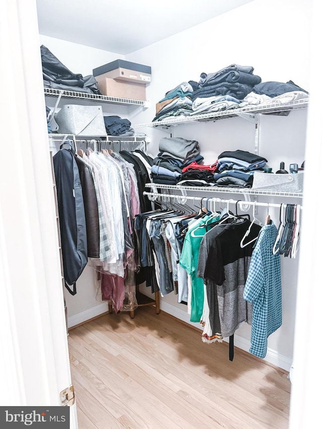 walk in closet with wood finished floors