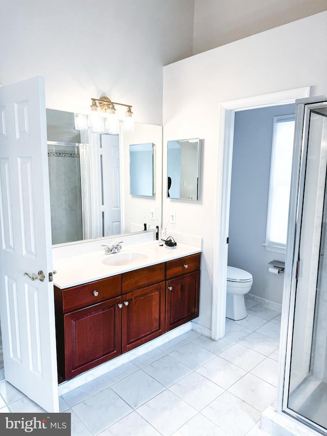 bathroom with toilet, a shower stall, and vanity